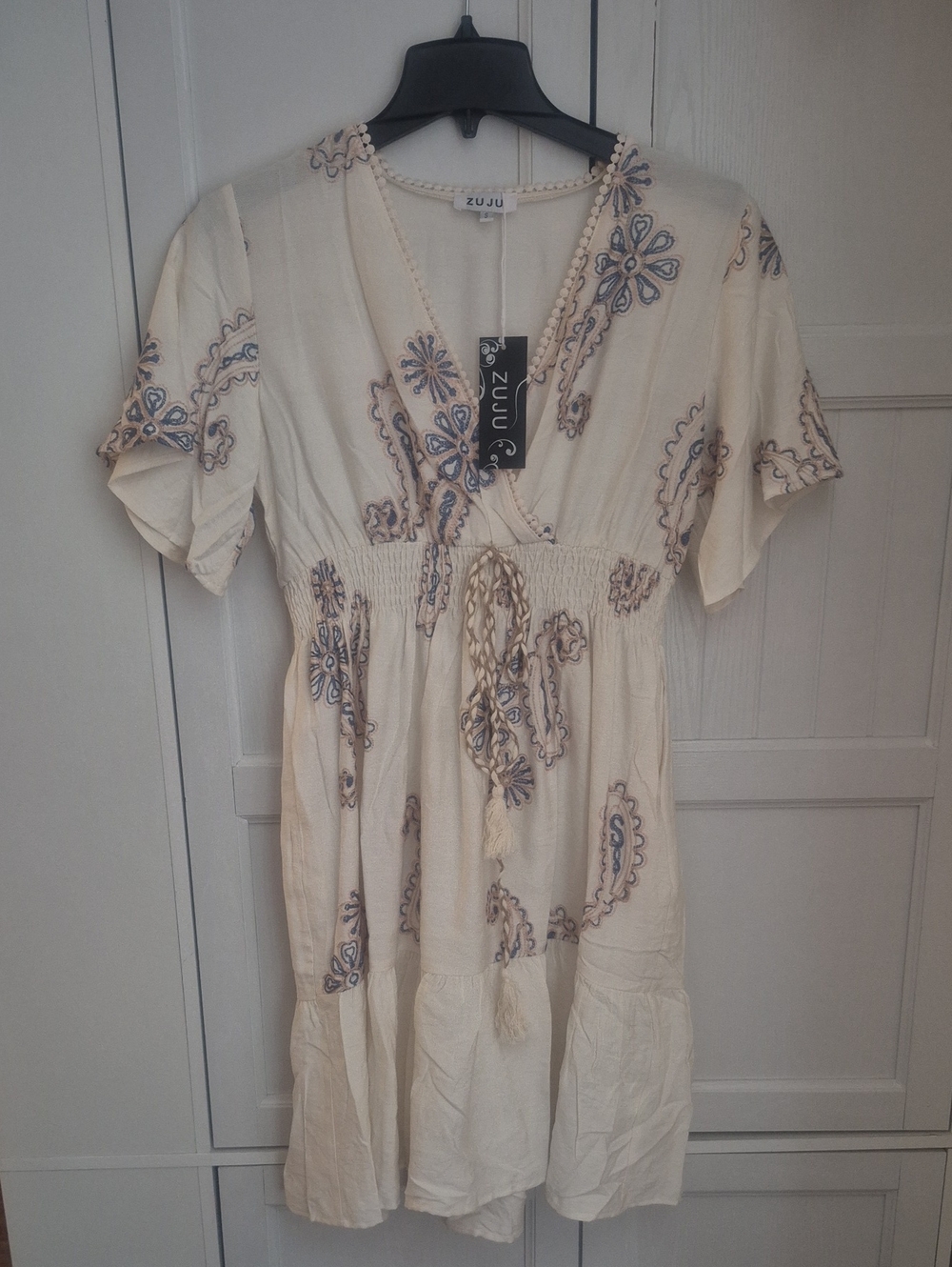 Ulu Cream Embroidered Midi Dress with Blue-Tan Floral Motifs